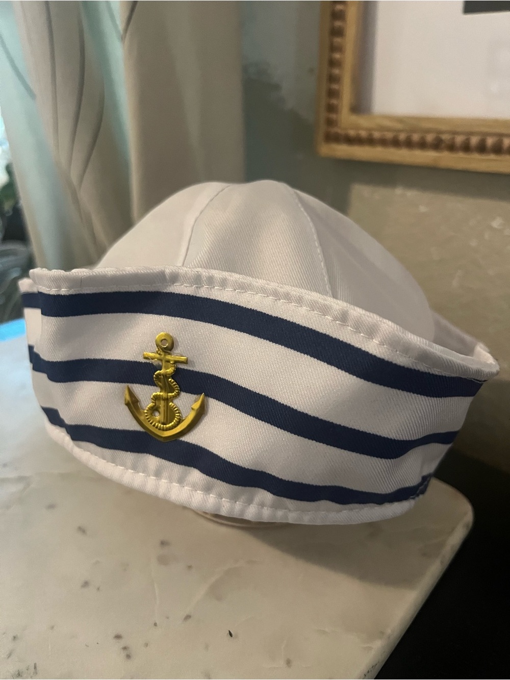Nautical Sailor Hat in White and Navy with Gold Anchor
